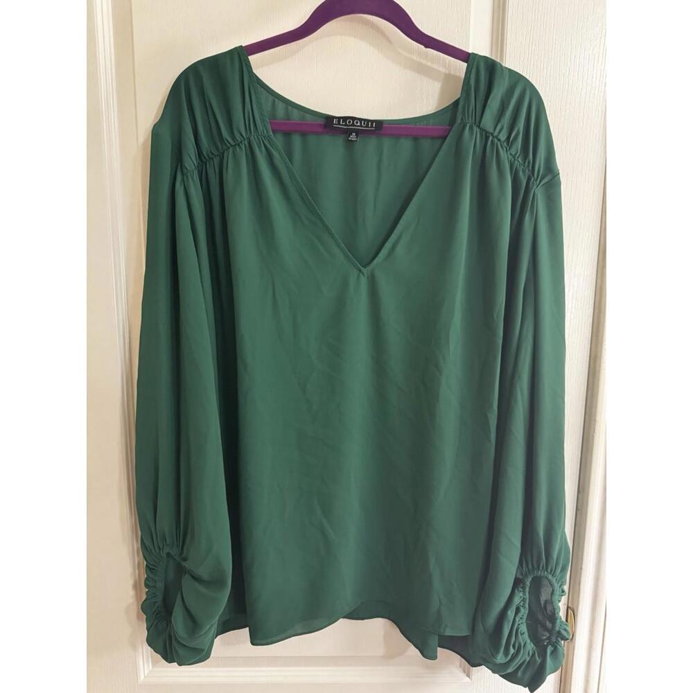 ELOQUII Plus Size 28w V Neck Billow Sleeve Summer  Breathable Green Blouse Used